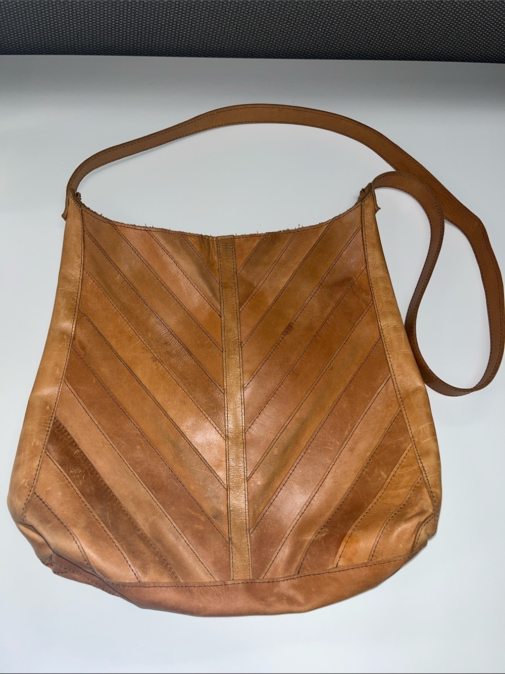 Raven + Lily Large Chevron-Stitched Shoulder Bag in Tan Brown